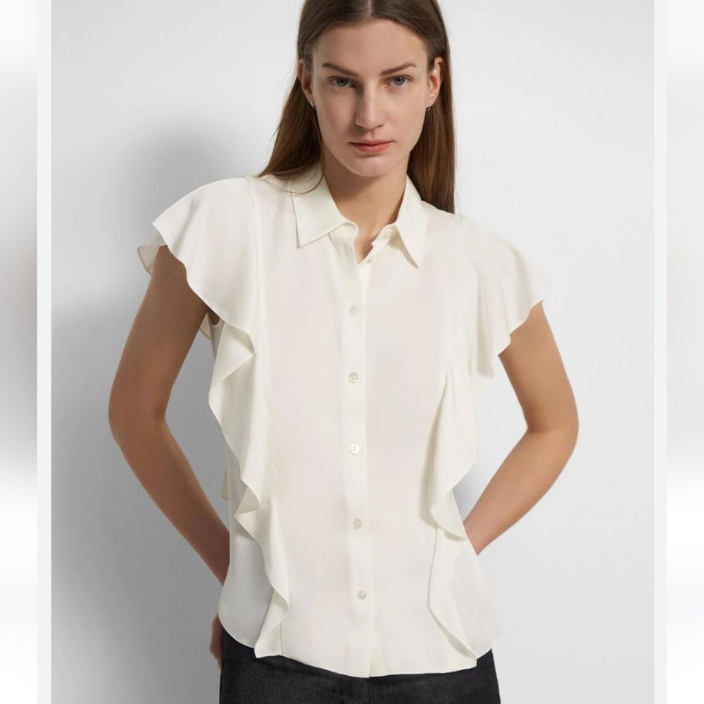 Theory Ivory Silk Collared Button-Down Ruffle Top MSRP$295  Size L